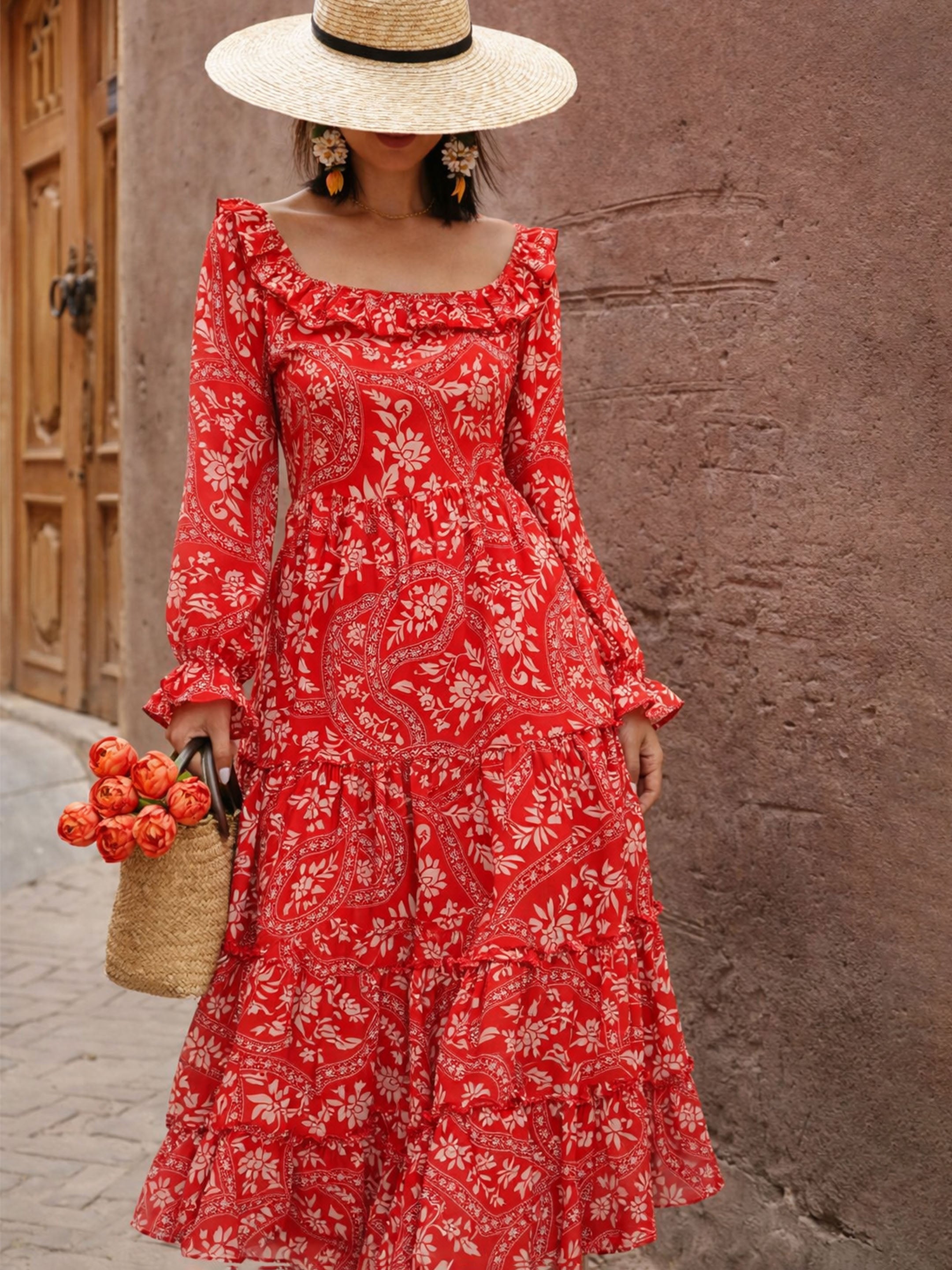 Orange Floral Square Neck Midi Dress SASSAFRAS