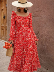 Orange Floral Square Neck Midi Dress SASSAFRAS