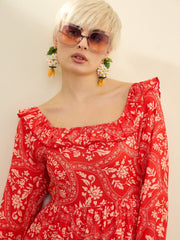 Orange Floral Square Neck Midi Dress SASSAFRAS