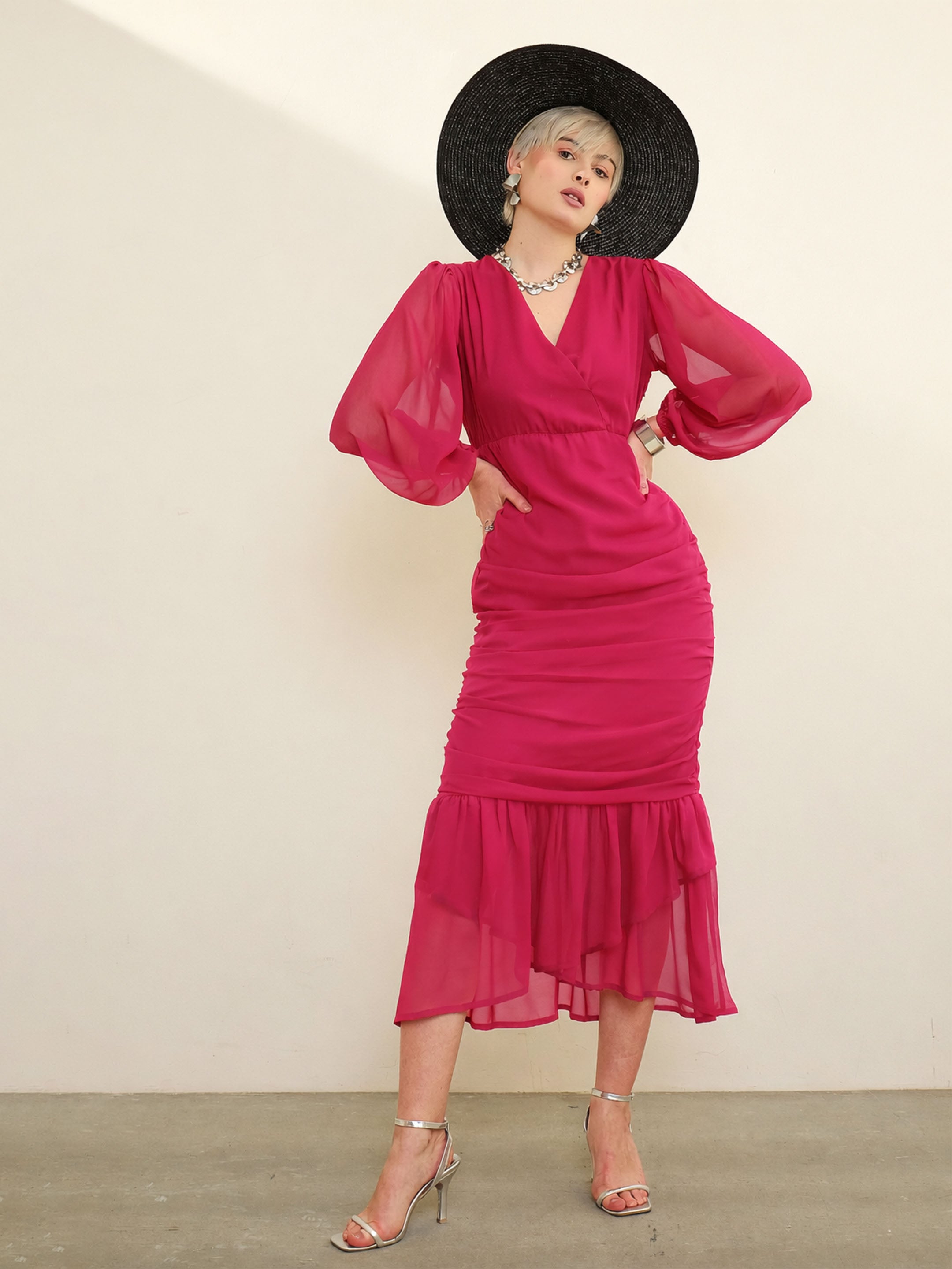 Fuchsia Solid Cowl Hem Midi Dress SASSAFRAS