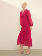 Fuchsia Solid Cowl Hem Midi Dress SASSAFRAS