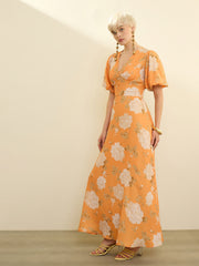 Mustard Floral Balloon Sleeves Maxi Dress SASSAFRAS