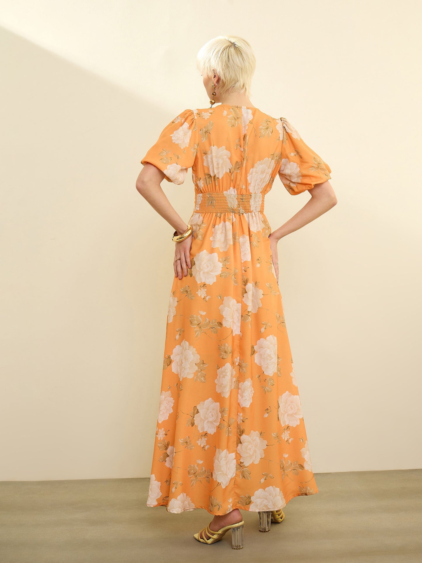 Mustard Floral Balloon Sleeves Maxi Dress SASSAFRAS