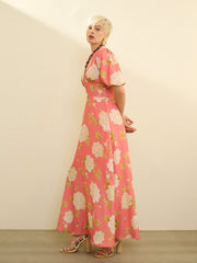 Pink Floral Balloon Sleeves Maxi Dress SASSAFRAS