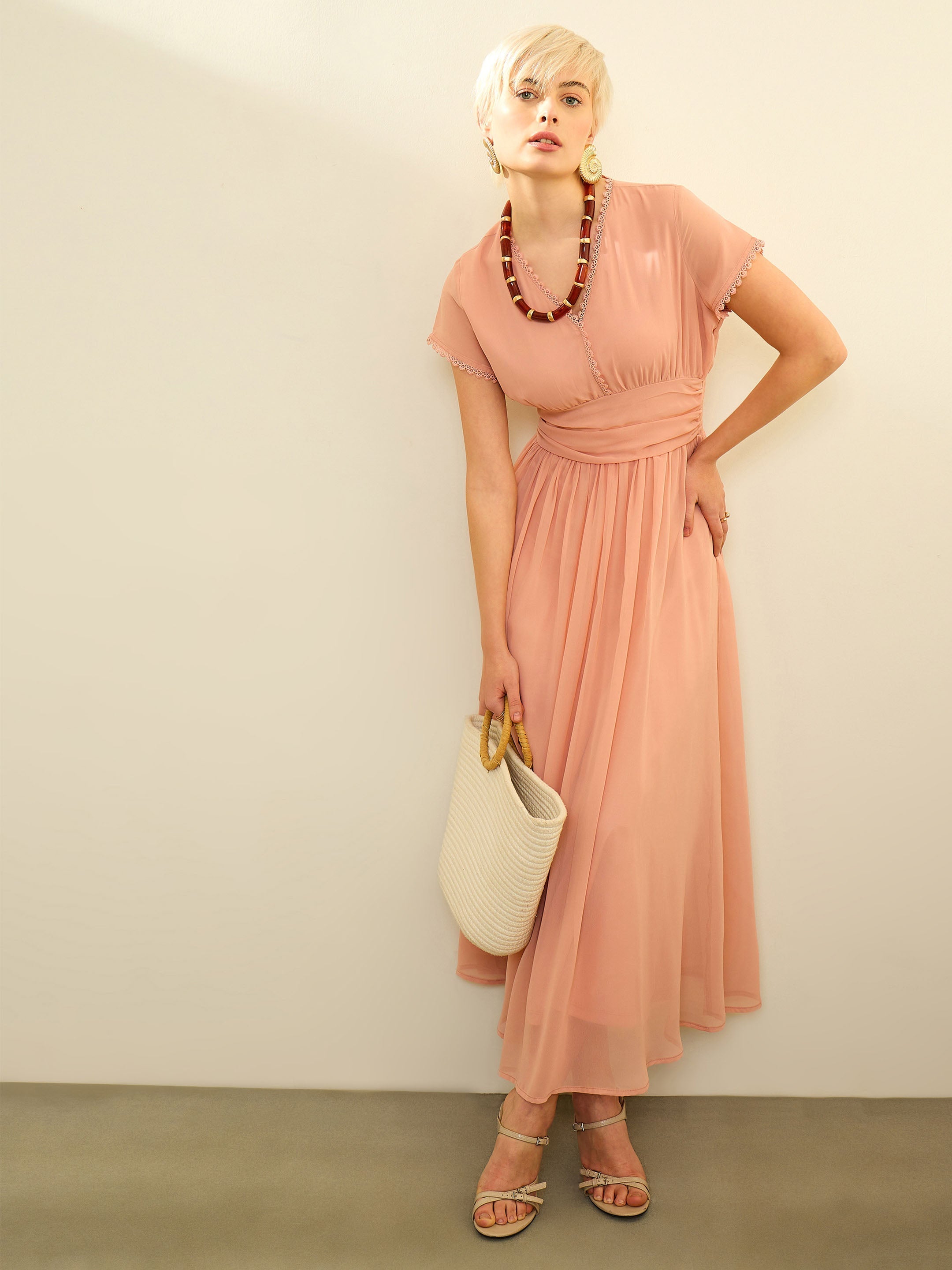 Pink Solid Cap Sleeves Maxi Dress SASSAFRAS