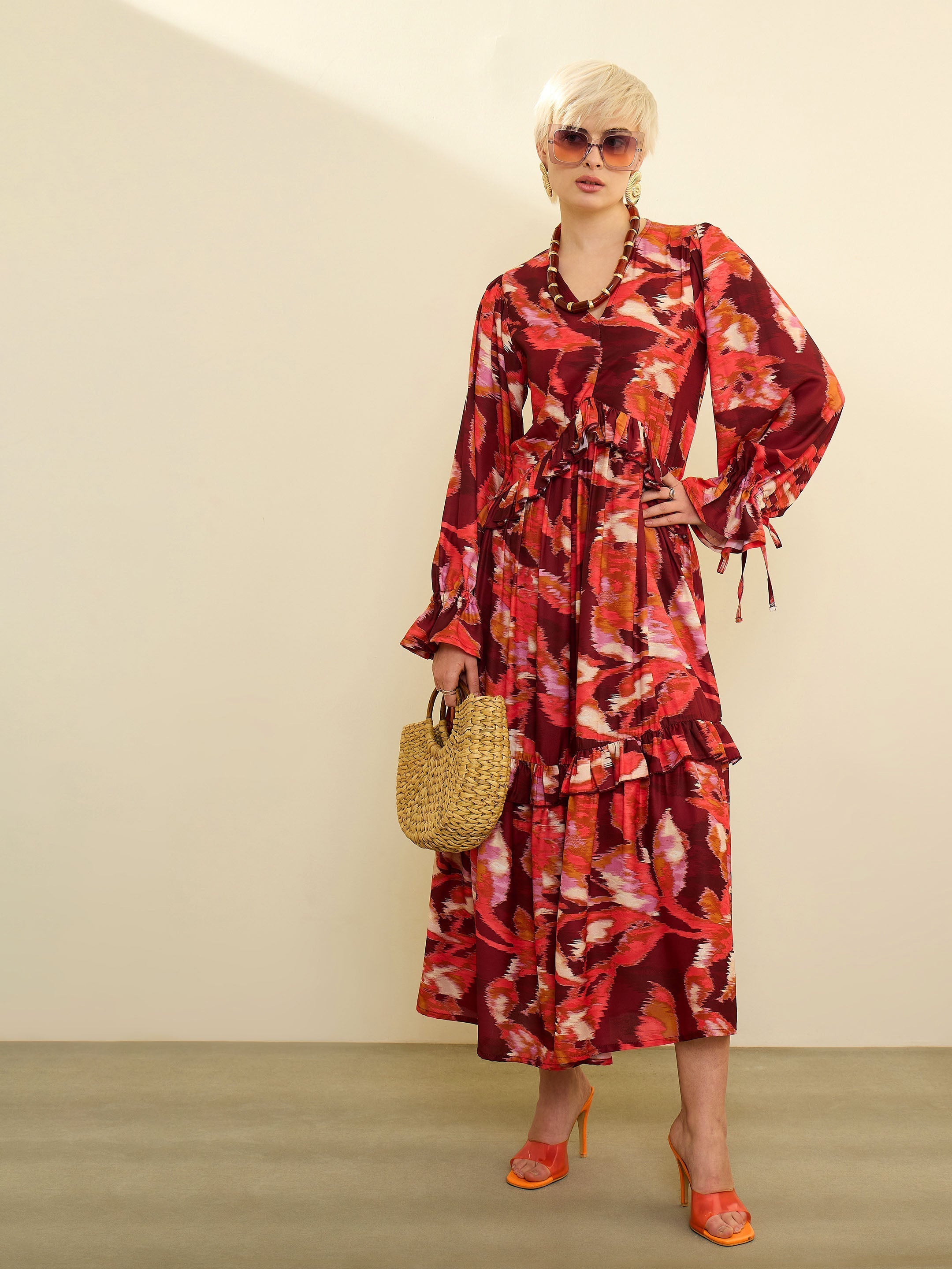 Maroon Ikat Print Front Ruffle Maxi Dress SASSAFRAS
