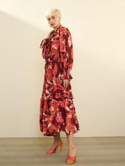 Maroon Ikat Print Front Ruffle Maxi Dress SASSAFRAS