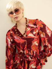 Maroon Ikat Print Front Ruffle Maxi Dress SASSAFRAS