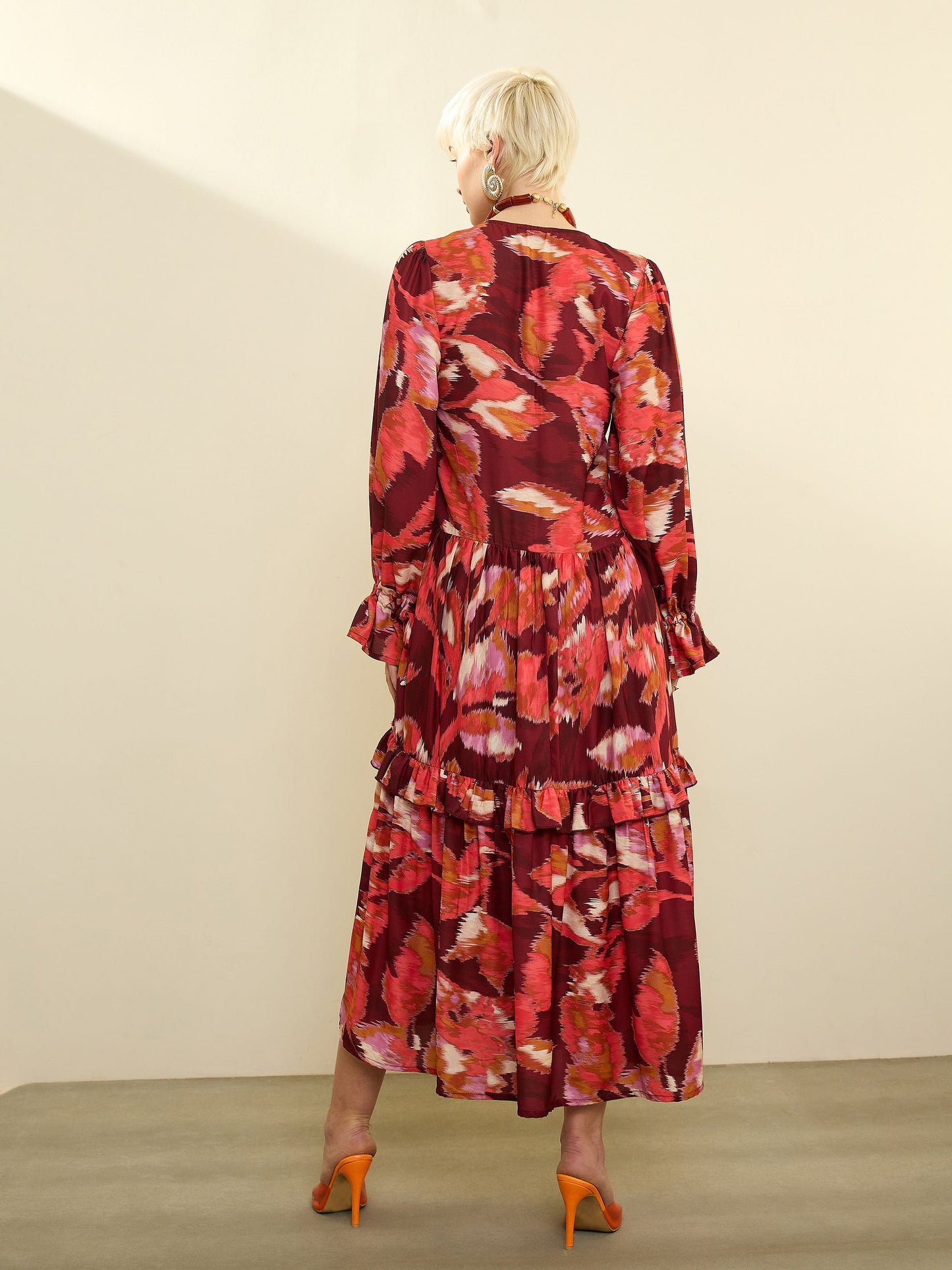 Maroon Ikat Print Front Ruffle Maxi Dress SASSAFRAS