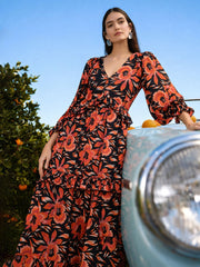 Black Floral Front Ruffle Maxi Dress SASSAFRAS
