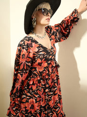 Black Floral Front Ruffle Maxi Dress SASSAFRAS
