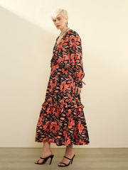Black Floral Front Ruffle Maxi Dress SASSAFRAS