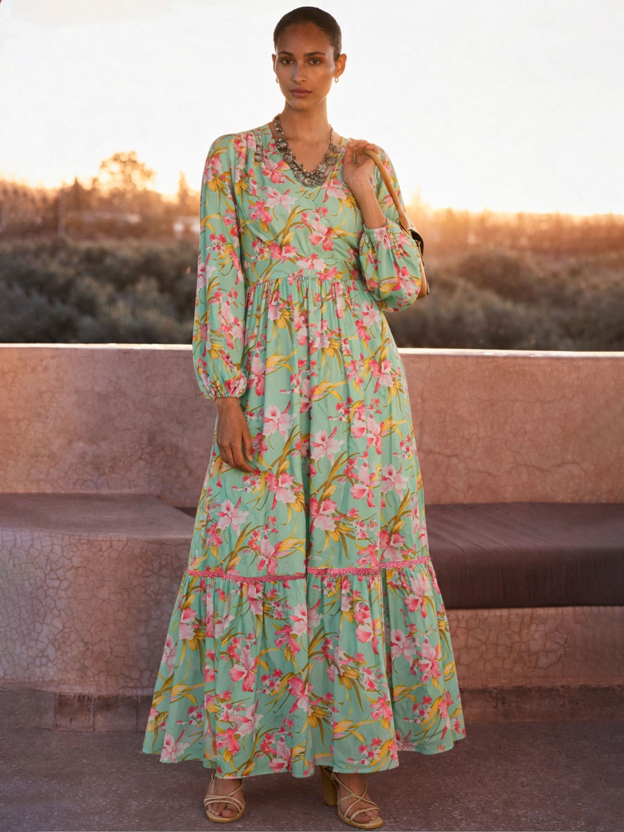 Sea Green & Pink Floral Wrap Neck Maxi Dress SASSAFRAS