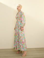 Sea Green & Pink Floral Wrap Neck Maxi Dress SASSAFRAS
