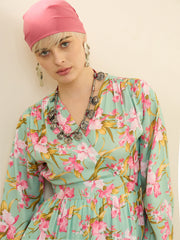 Sea Green & Pink Floral Wrap Neck Maxi Dress SASSAFRAS