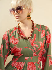 Olive & Red Floral Wrap Neck Maxi Dress SASSAFRAS