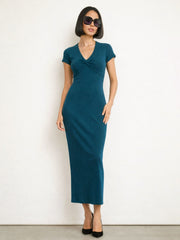 Teal Rib Front Twisted Midi Dress SASSAFRAS