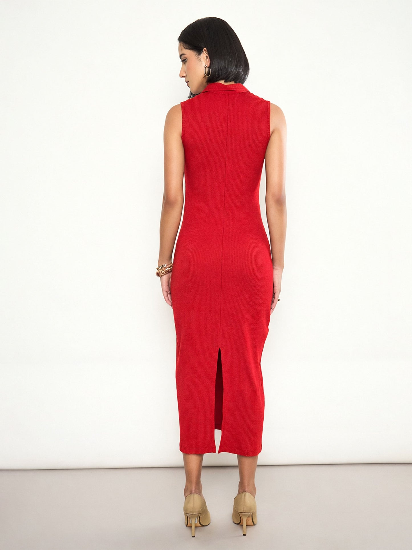 Red Rib Sleeveless Polo Collar Neck Midi Dress SASSAFRAS