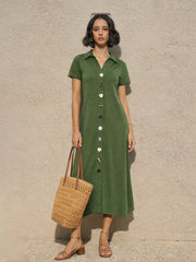 Olive Multi Design Button Down Midi Dress SASSAFRAS