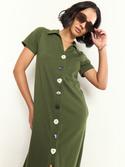 Olive Multi Design Button Down Midi Dress SASSAFRAS