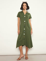 Olive Multi Design Button Down Midi Dress SASSAFRAS