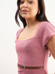 Women Pink Rhombus Neck Belted Bodycon Midi Dress