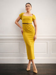 Women Lemon Rhombus Neck Belted Bodycon Midi Dress