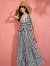 Women Black & White Stripe Strappy Flared Hem Maxi Dress