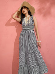 Women Black & White Stripe Strappy Flared Hem Maxi Dress