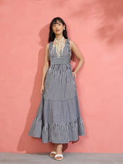 Women Black & White Stripe Strappy Flared Hem Maxi Dress