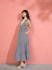 Women Black & White Stripe Strappy Flared Hem Maxi Dress