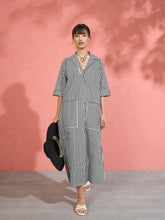 Women Black & White Stripe Notch Collar Midi Dress