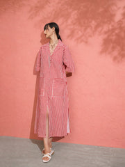 Women Red & White Stripe Notch Collar Midi Dress