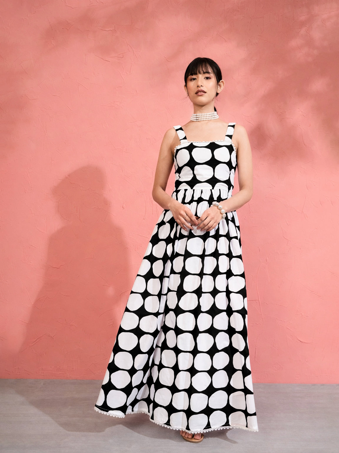 Women Black & White Big Polka Dot Strappy Maxi Dress