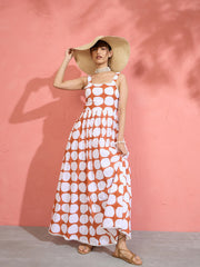 Women Brown & White Big Polka Dot Strappy Maxi Dress