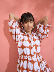 Women Brown & White Polka Dot Frill Tiered Button Down Midi Dress