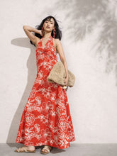 Women Red Poplin Floral Halter Neck Maxi Dress