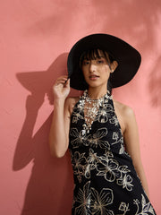 Women Black Poplin Floral Halter Neck Maxi Dress