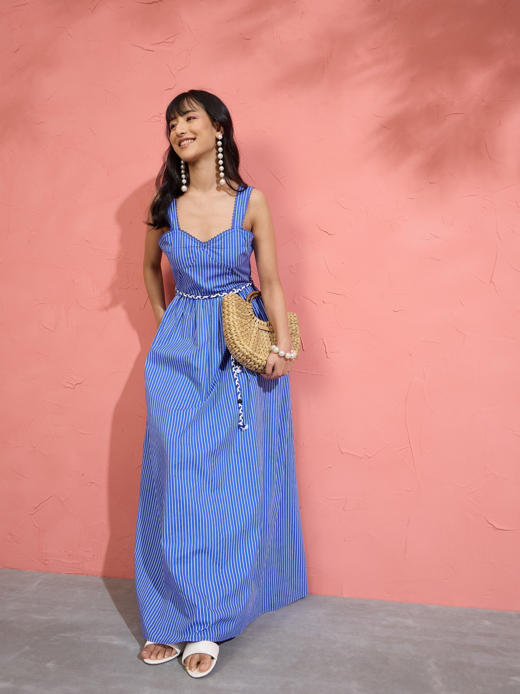 Blue Pin Stripe Maxi Dress Pink Paprika by SASSAFRAS