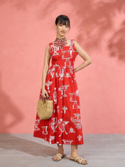 Women Red & White Printed Sleeveless Button Down Midi Dress