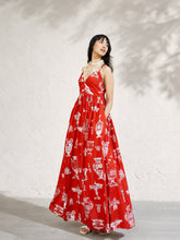 Women Red Printed Strappy Flared Maxi Dress