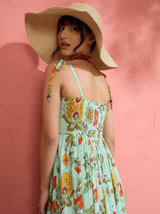 Women Sea Green Floral Strappy Tie-up Maxi Dress