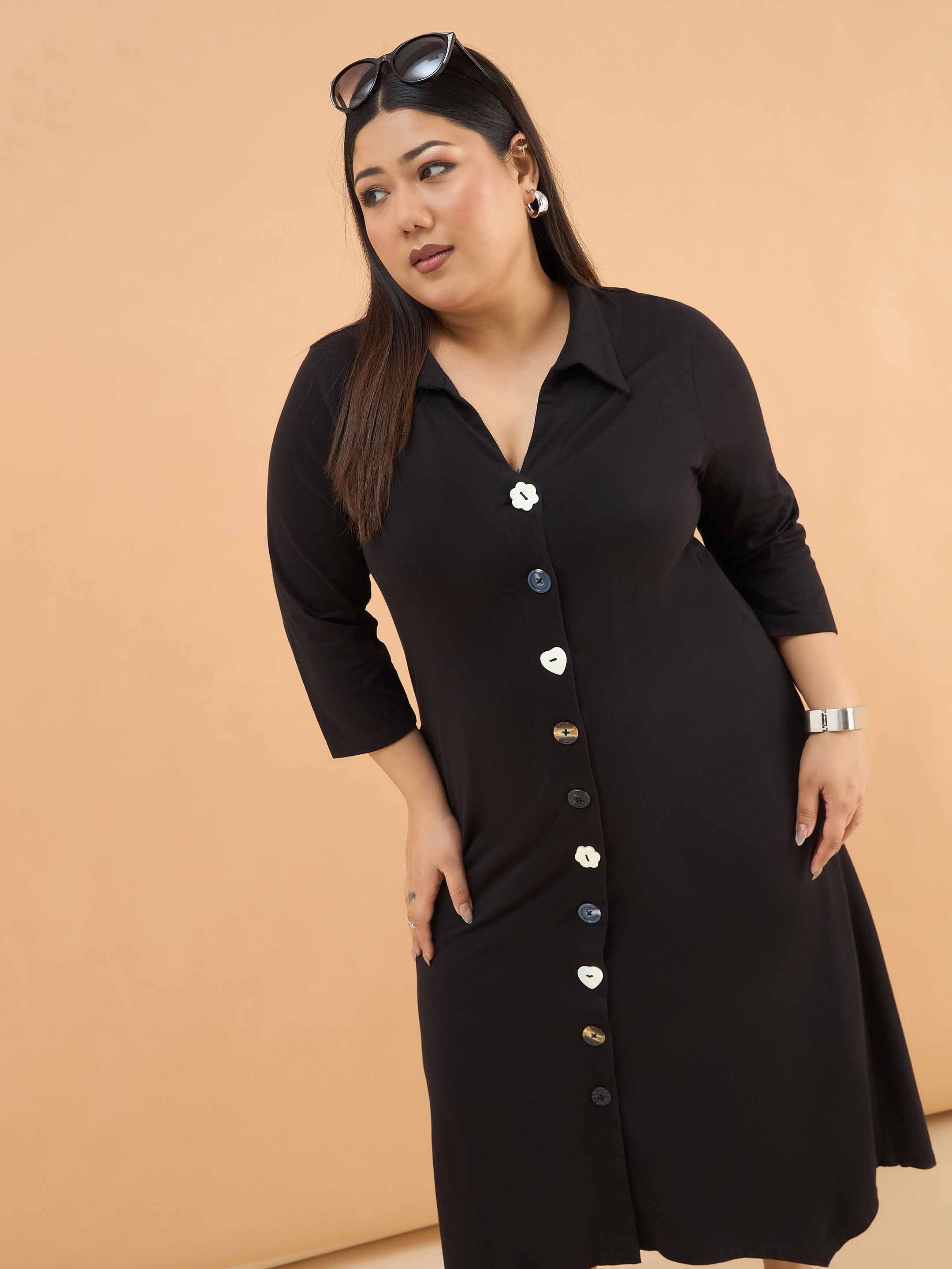 Women Black Multi Design Button Down Midi Dress