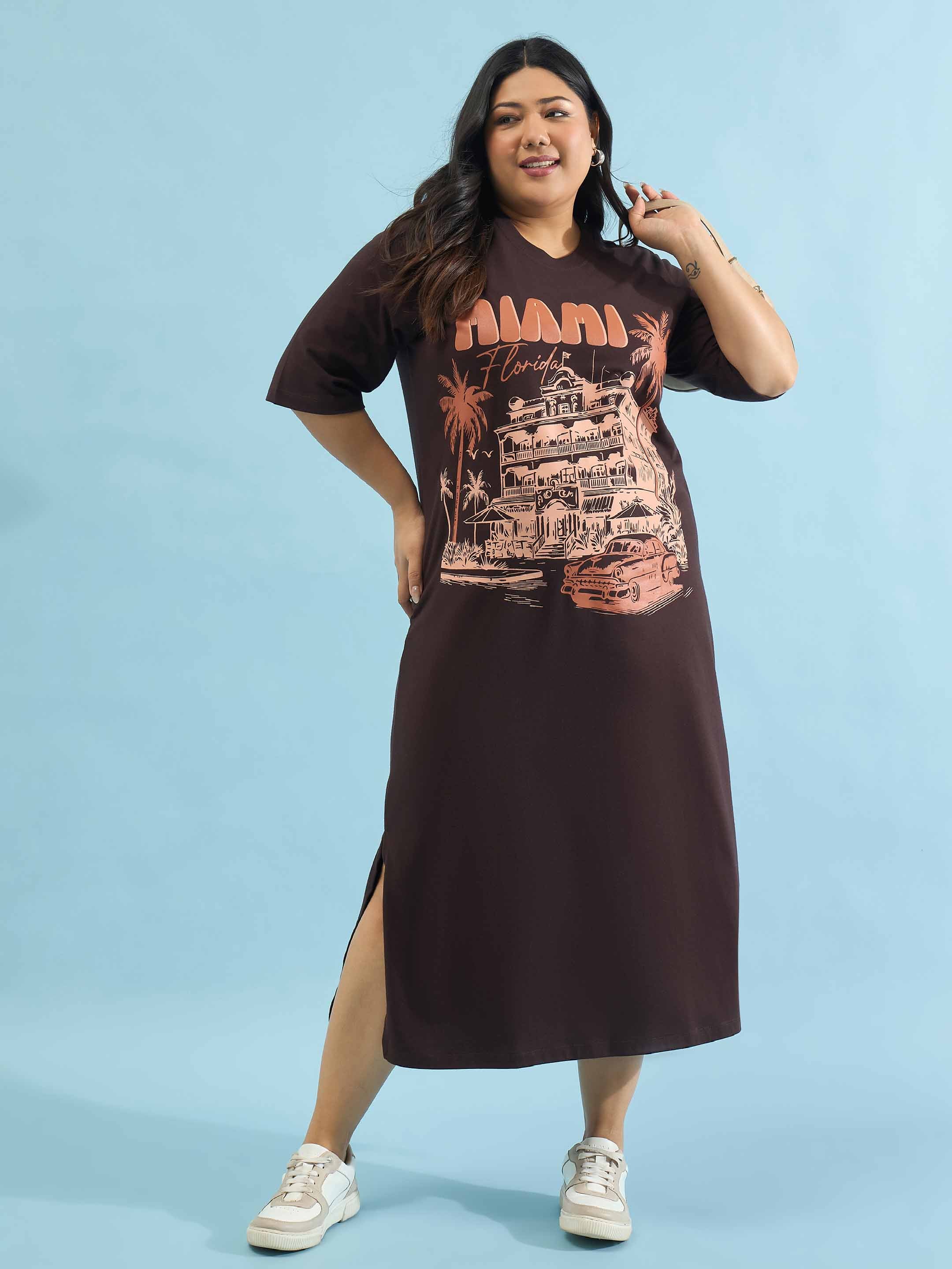 Women Brown MIAMI T Shirt Dress
