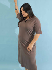 Women Taupe Polo Neck Side Slit Midi Dress