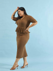 Women Brown Rib Front Peplum Bodycon Midi Dress