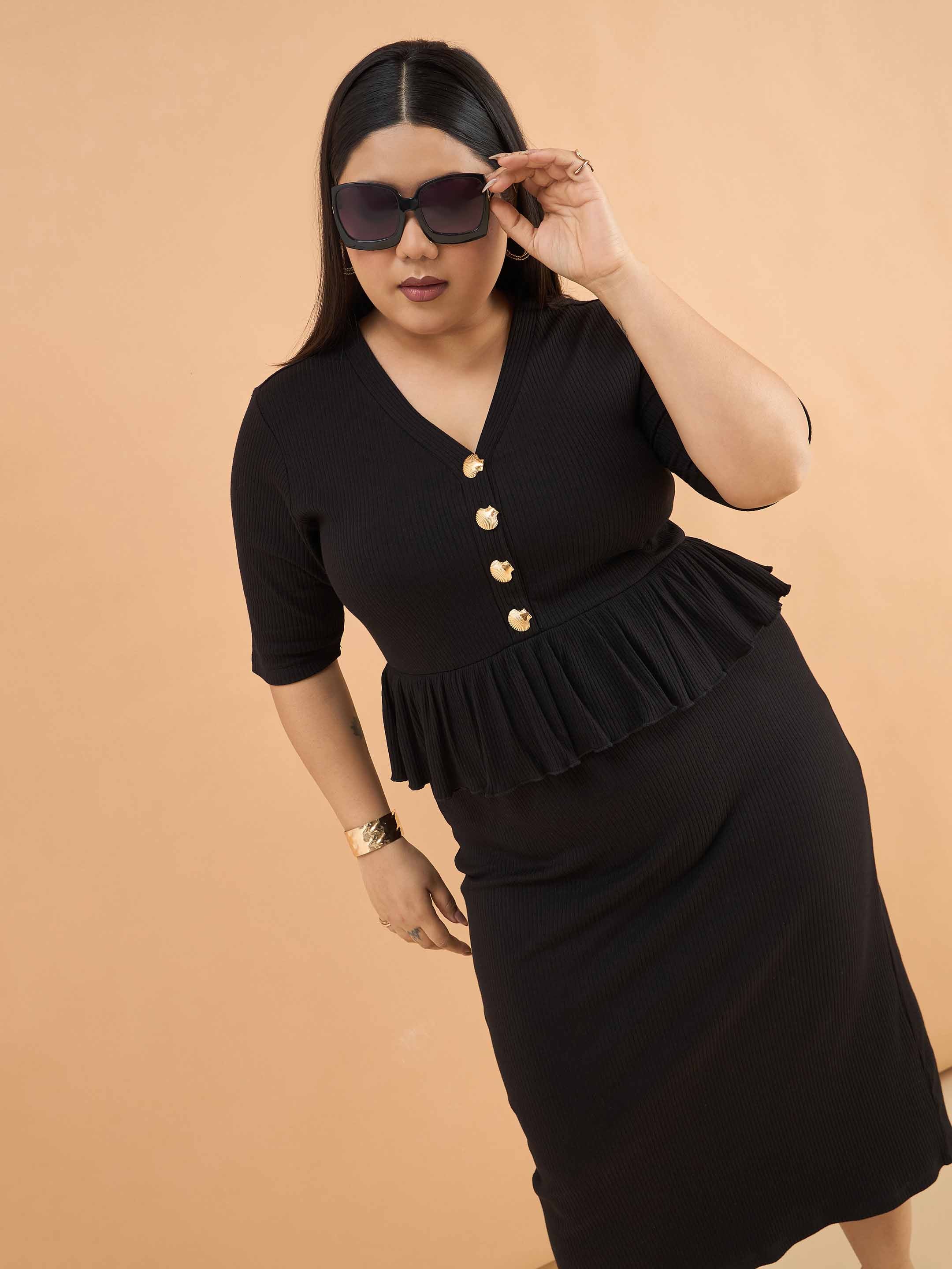 Women Black Rib Front Peplum Bodycon Midi Dress