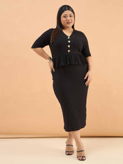 Women Black Rib Front Peplum Bodycon Midi Dress