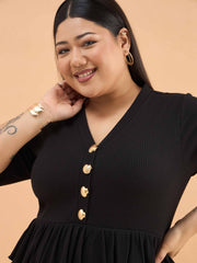 Women Black Rib Front Peplum Bodycon Midi Dress
