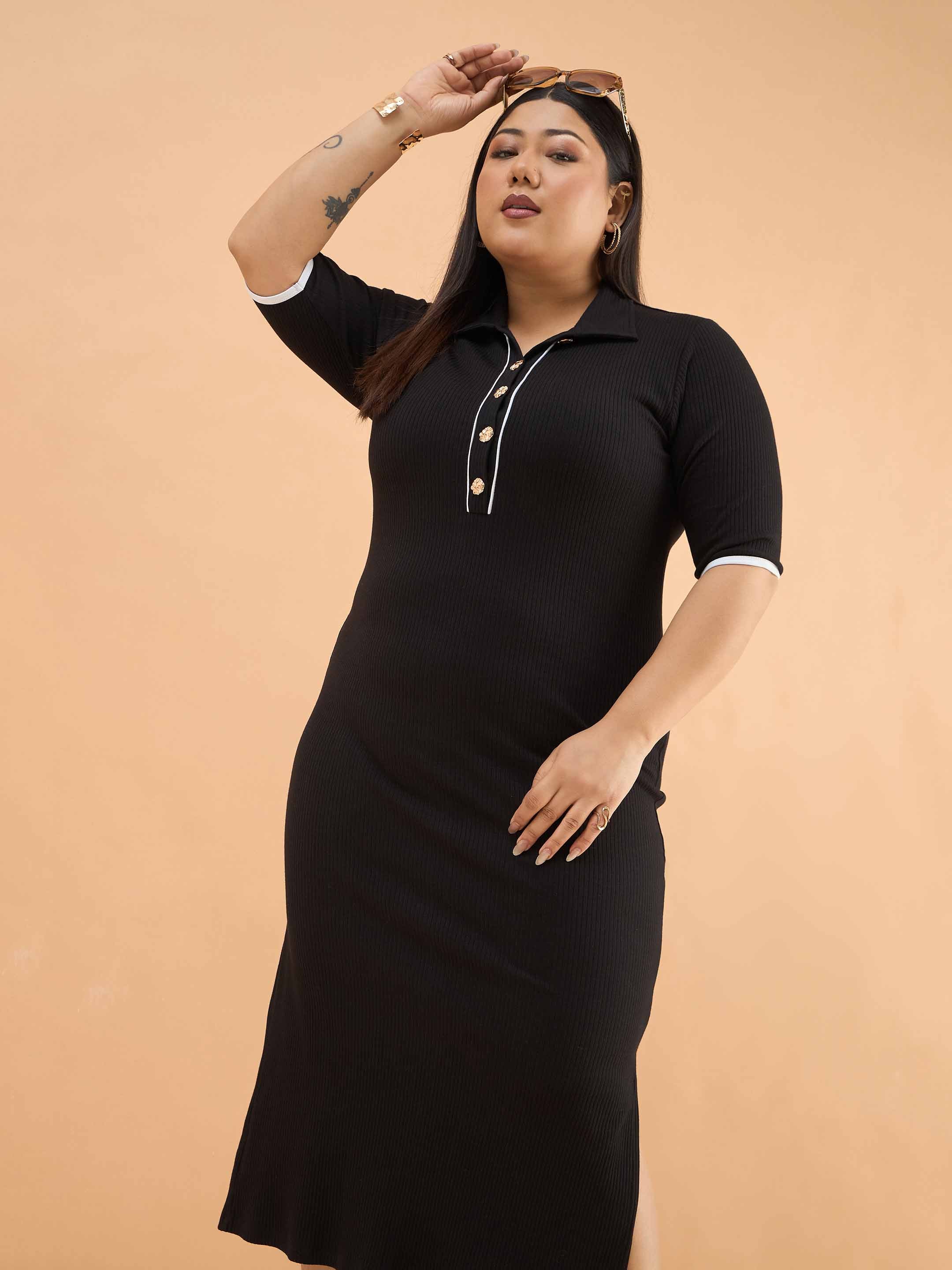 Women Black Rib Polo Neck Side Slit Midi Dress
